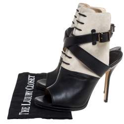 Paul Andrew Black Leather And Suede Criss Cross Open Toe Ankle Strap Booties Size 38