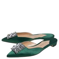 Paul Andrew Green Satin Crystal Embellished Mule Flats Size 38