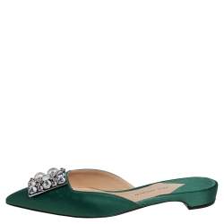 Paul Andrew Green Satin Crystal Embellished Mule Flats Size 38