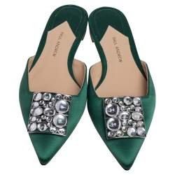 Paul Andrew Green Satin Crystal Embellished Mule Flats Size 38