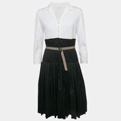 Paule Ka Black & White Cotton Pleated Detail Midi Dress M