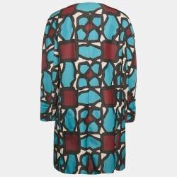 Paule Ka Blue Abstract Print Crepe Round Neck Coat L