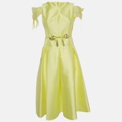 Pre Owned Paule Ka Yellow Feather Trim Taffeta Bow Detail  Midi Dress M 
