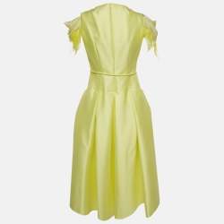 Pre Owned Paule Ka Yellow Feather Trim Taffeta Bow Detail Midi Dress M
