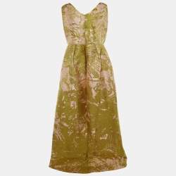 Pre Owned Paule Ka Pink / Yellow Brocade Sleeveless Gown XL 