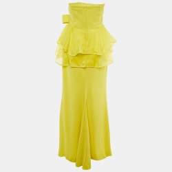 Pre Owned Paule Ka Yellow Crepe Bow & Asymmetric Frill Detail Strapless Maxi Dress L