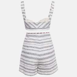 مملوكة مسبقًا Paule Ka White/Blue Embroidered Stripe Cotton Top & Shorts Set L/M