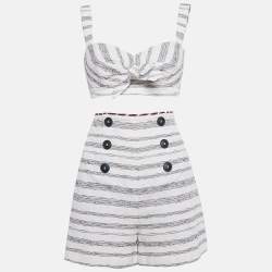 مملوكة مسبقًا Paule Ka White/Blue Embroidered Stripe Cotton Top & Shorts Set L/M