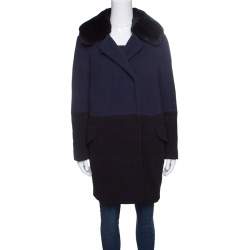 Paule Ka Navy Blue and Black Wool Rabbit Fur Collar Detail Coat S 