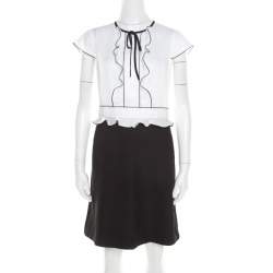 Paule Ka  Monochrome Colorblock Cotton Ruffle Trim Cap Sleeve Dress M
