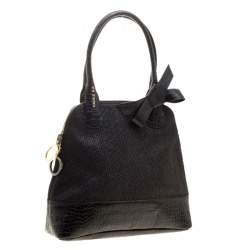 Paule Ka Black Croc Embossed Leather and Woven Straw Bow Satchel
