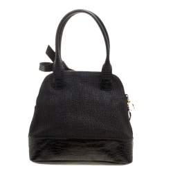Paule Ka Black Croc Embossed Leather and Woven Straw Bow Satchel