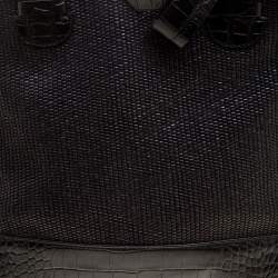 Paule Ka Black Croc Embossed Leather and Woven Straw Bow Satchel
