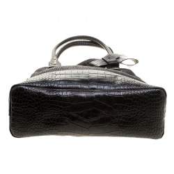 Paule Ka Black Croc Embossed Leather and Woven Straw Bow Satchel