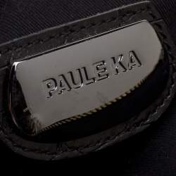 Paule Ka Black Croc Embossed Leather and Woven Straw Bow Satchel