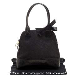 Paule Ka Black Croc Embossed Leather and Woven Straw Bow Satchel