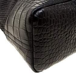 Paule Ka Black Croc Embossed Leather and Woven Straw Bow Satchel