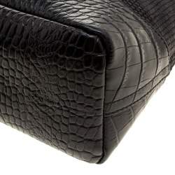 Paule Ka Black Croc Embossed Leather and Woven Straw Bow Satchel