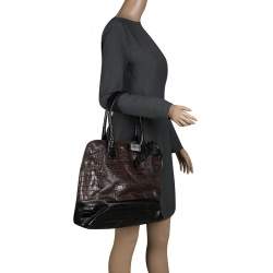 Paule Ka Brown/Black Croc Embossed Leather Bow Tote