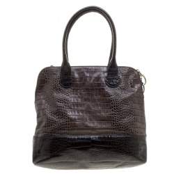 Paule Ka Brown/Black Croc Embossed Leather Bow Tote