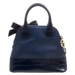 Paule Ka Blue Leather and Croc Embossed Leather Bow Tote