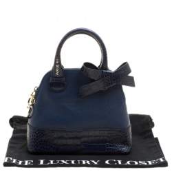 Paule Ka Blue Leather and Croc Embossed Leather Bow Tote