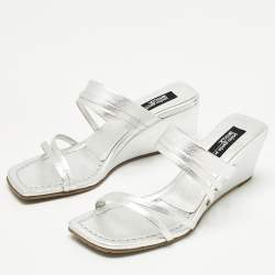Pre Owned Pedro Garcia Silver Leather Barbaria Wedge Sandals Size 38