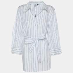 Pre Owned Persona White/Blue Stripe Cotton Belted Shirt Top XL