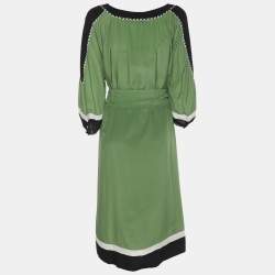 Pre Owned Persona Green/Black Silk Whip Stitch Detail Midi Dress L