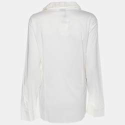 Pre Owned قميص ببرتي من كريتسيا أبيض بخليط قطن بكشكش من الأمام وبأكمام طويلة مقاس كبير - لارج