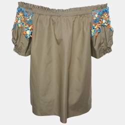 Pre Owned Peter Pilotto Green Cotton Cut work Detail Off Shoulder Top M