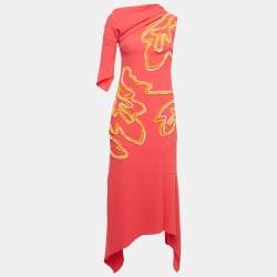 Peter Pilotto Red Contrast Trim Crepe Off-Shoulder Chenille Cady Gown S