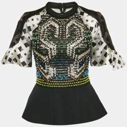 Peter Pilotto Black Crepe and Knit Embellished Peplum Top M