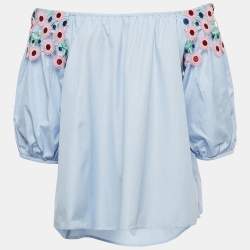 Pre Owned Peter Pilotto Blue Cotton Lace Overlay Off-Shoulder Top L