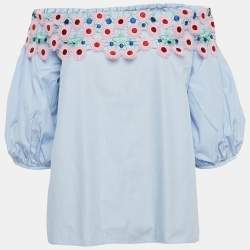 Pre Owned Peter Pilotto Blue Cotton Lace Overlay Off-Shoulder Top L