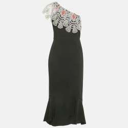 Pre Owned Peter Pilotto Black Crepe Lace Overlay One Shoulder Midi Dress L