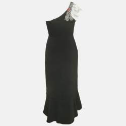 Pre Owned Peter Pilotto Black Crepe Lace Overlay One Shoulder Midi Dress L