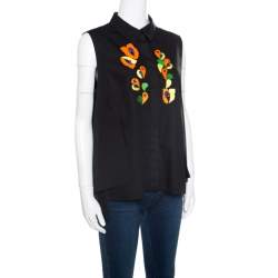 Pre Owned Peter Pilotto Black Embroidered Embellished Cotton Sleeveless Blouse L 