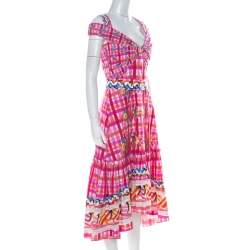 Pre Owned Peter Pilotto Pink Printed Cotton Poplin Cold Shoulder Ruffled Hem Dress S