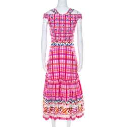 Pre Owned Peter Pilotto Pink Printed Cotton Poplin Cold Shoulder Ruffled Hem Dress S