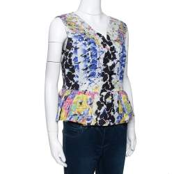 Peter Pilotto Multicolor Printed Silk Jacquard Peplum Detail Sleeveless Top M 