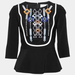 Peter Pilotto Black Crepe Embellished and Eyelet Appliques Flared Hem Top M