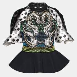 Peter Pilotto Black Cotton Check Print Ruffled Sleeves Peplum Top M