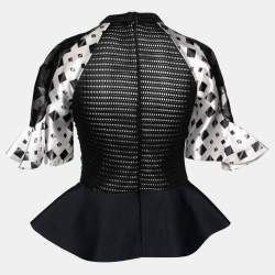 Peter Pilotto Black Cotton Check Print Ruffled Sleeves Peplum Top M