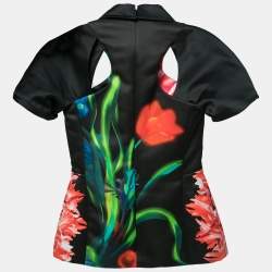 Pre Owned Peter Pilotto Black Floral Printed Satin Cut-Out Detail Top S