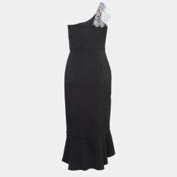 Peter Pilotto Black Crepe Lace Overlay One Shoulder Midi Dress M