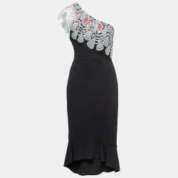 Peter Pilotto Black Crepe Lace Overlay One Shoulder Midi Dress M