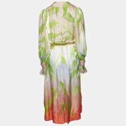 Peter Pilotto Multicolor Printed Organza Belted Open Front Coat S