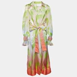 Peter Pilotto Multicolor Printed Organza Belted Open Front Coat S
