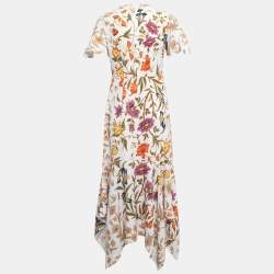 Pre Owned Peter Pilotto White Floral Printed Embossed Crepe Asymmetrical Midi Dress M